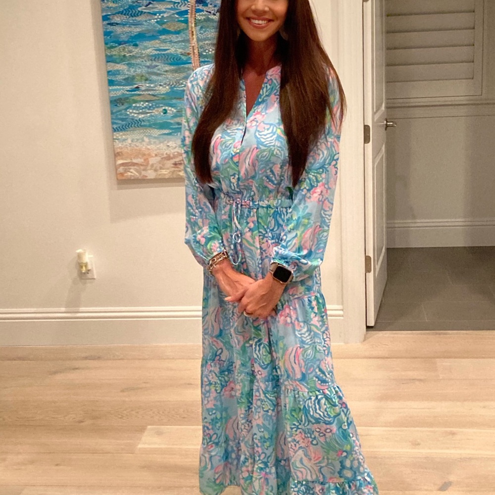 Lilly Pulitzer Blue and White Bishop Sleeve Maxi Sundress